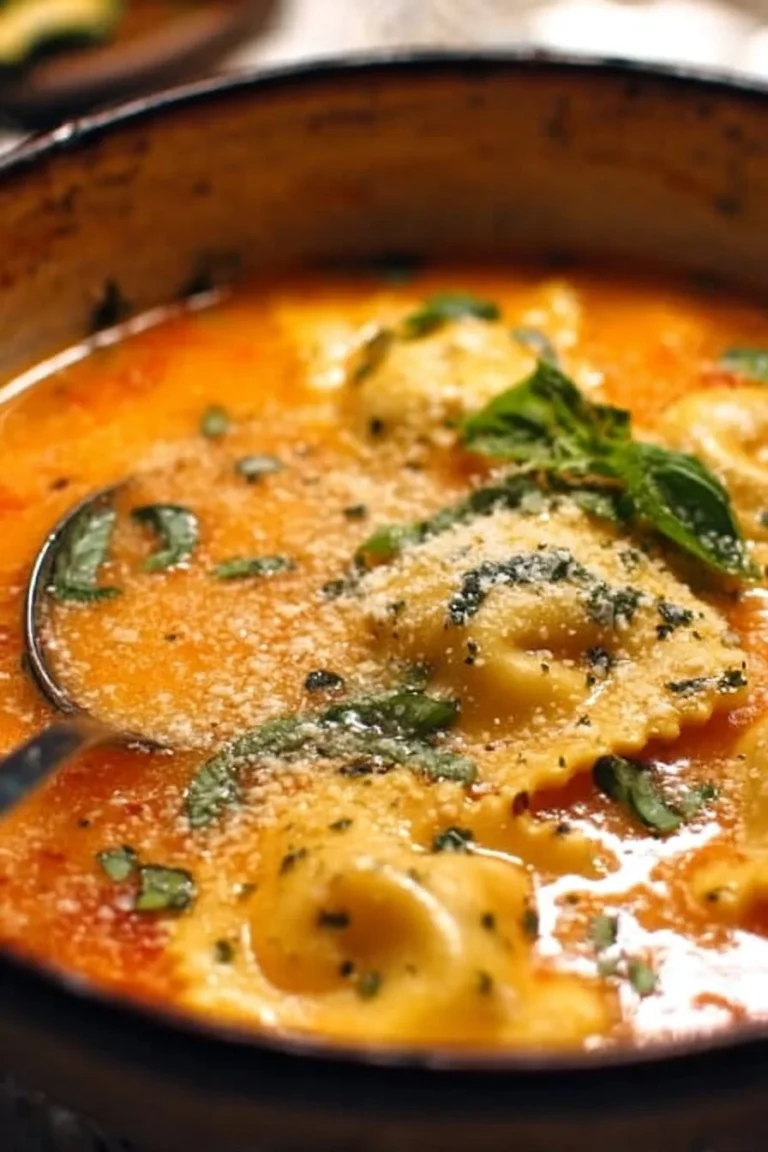 Bowl of creamy ravioli soup garnished with herbs