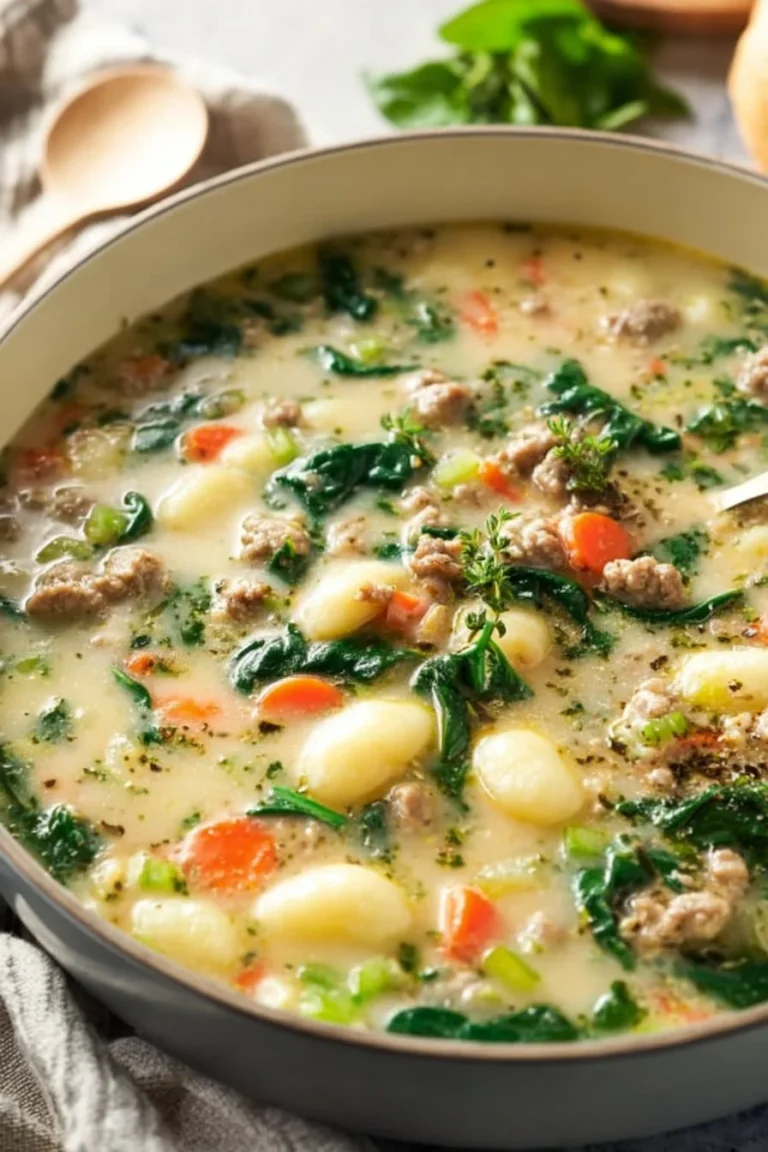 Bowl of creamy sausage gnocchi soup with herbs and a rustic background