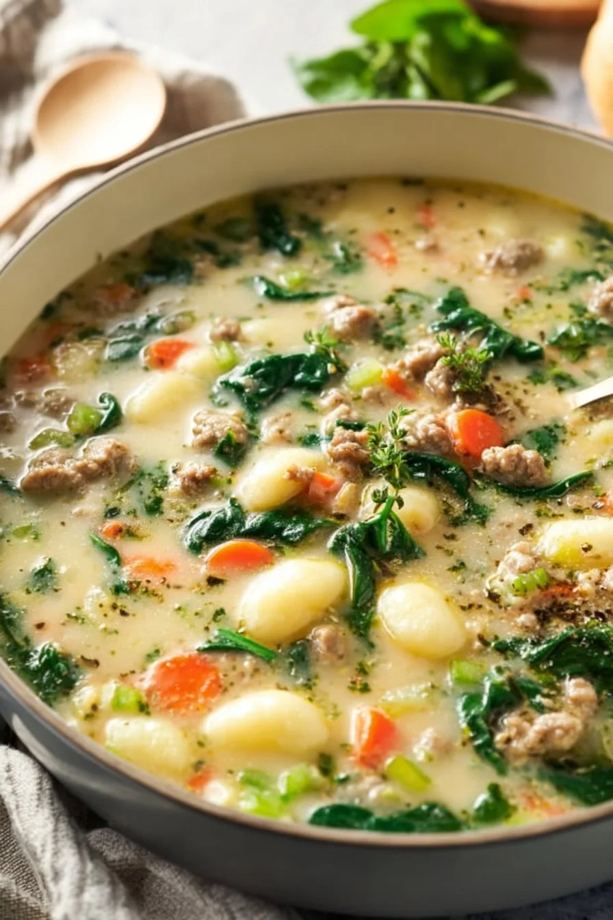 Bowl of creamy sausage gnocchi soup with herbs and a rustic background