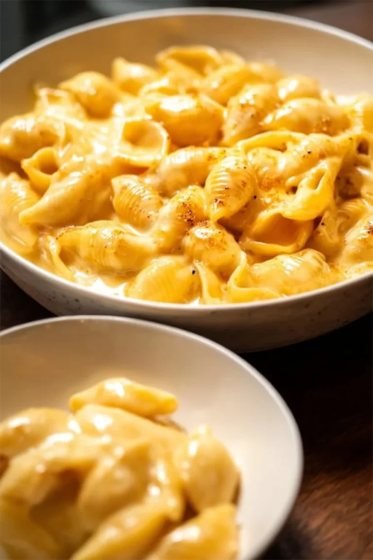 Bowl of creamy shells and cheese with melted cheese on top