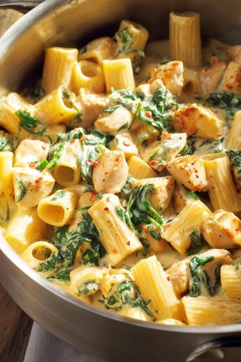 Delicious creamy spinach pasta dish garnished with herbs.