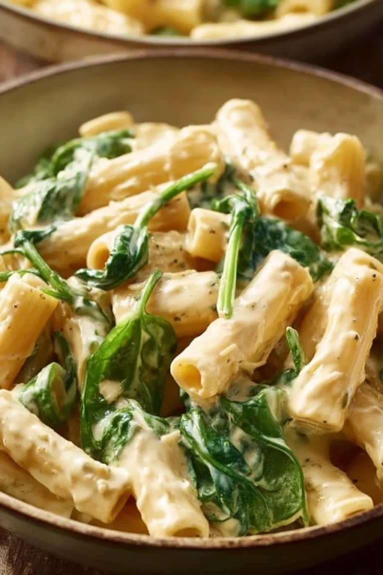 Delicious creamy spinach pasta served in a bowl with fresh basil and grated cheese