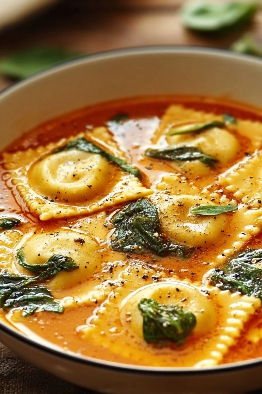 Delicious creamy Tuscan ravioli soup topped with herbs and cheese