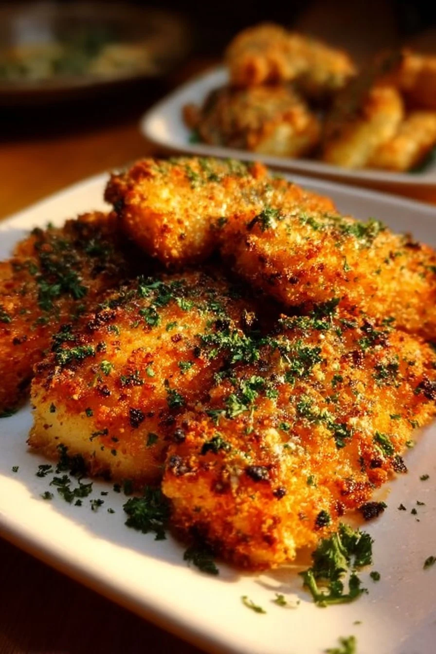 Crispy Air Fryer Parmesan Cod served on a plate with lemon wedges and herbs