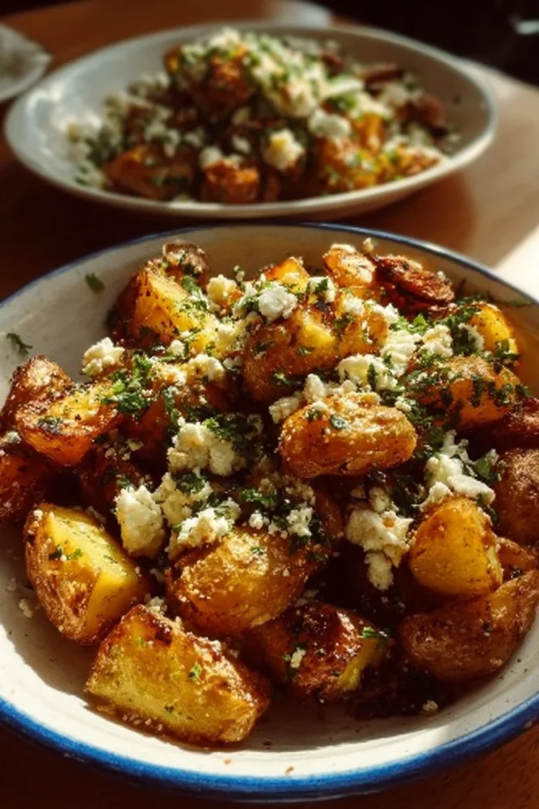 Plate of Crispy Feta Roast Potatoes garnished and ready to serve.