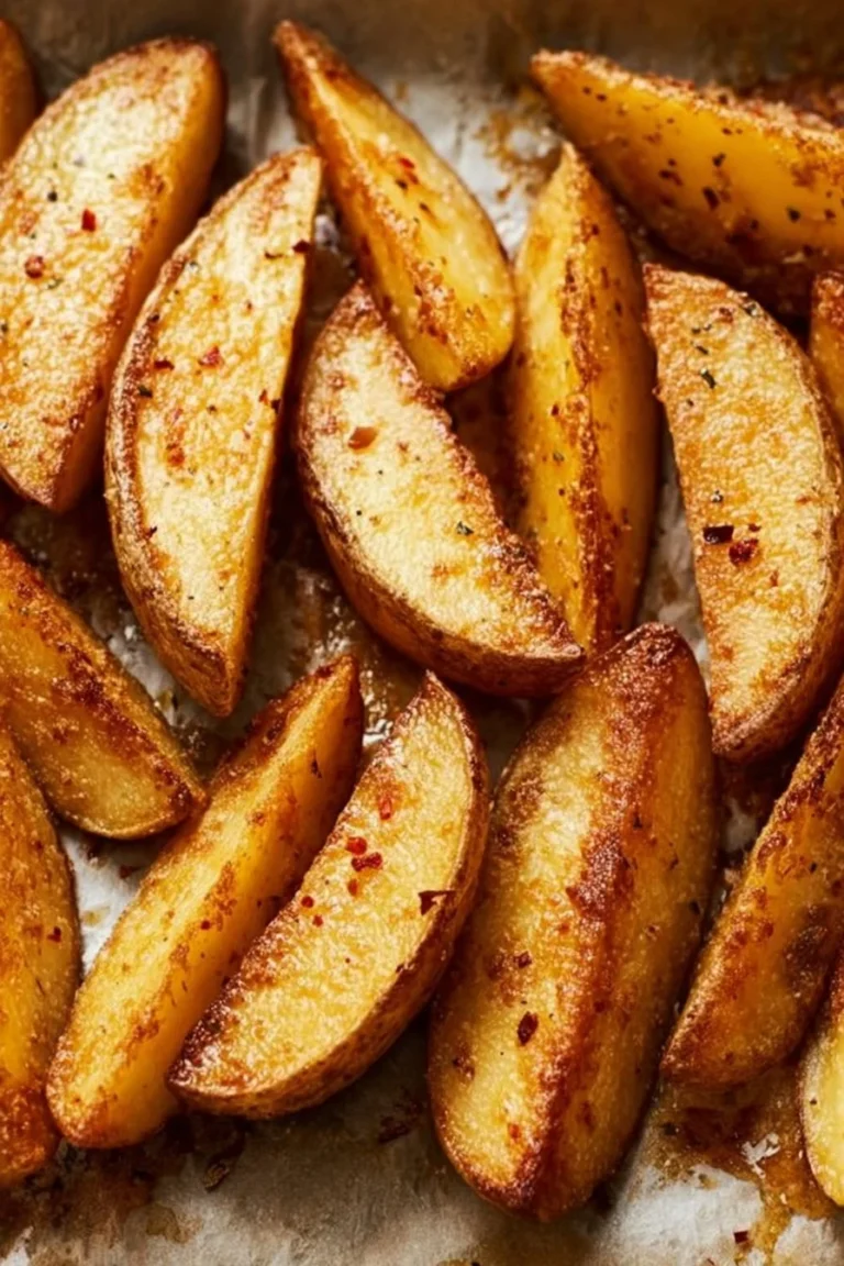 Crispy potato wedges served with a dipping sauce on a wooden platter.