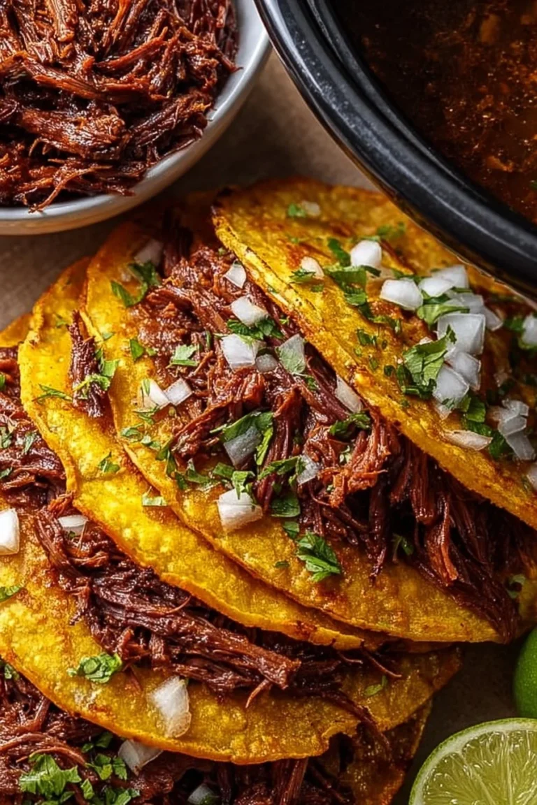 Delicious Crockpot Birria Tacos served with fresh toppings