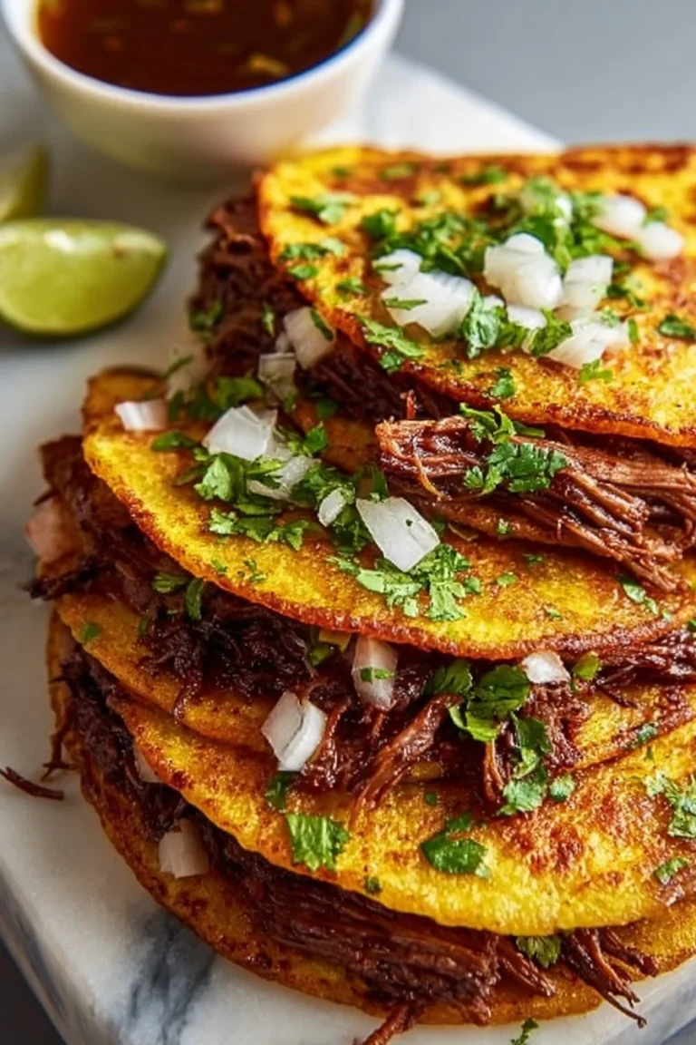 Crockpot Birria Tacos ready to serve, garnished with onions and cilantro.