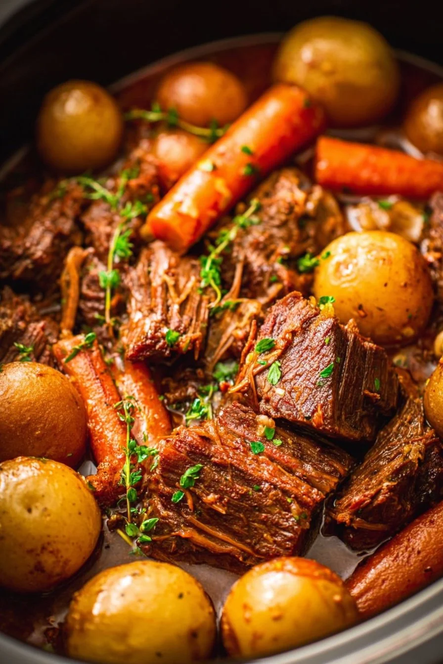 Delicious crockpot chuck roast served with vegetables.
