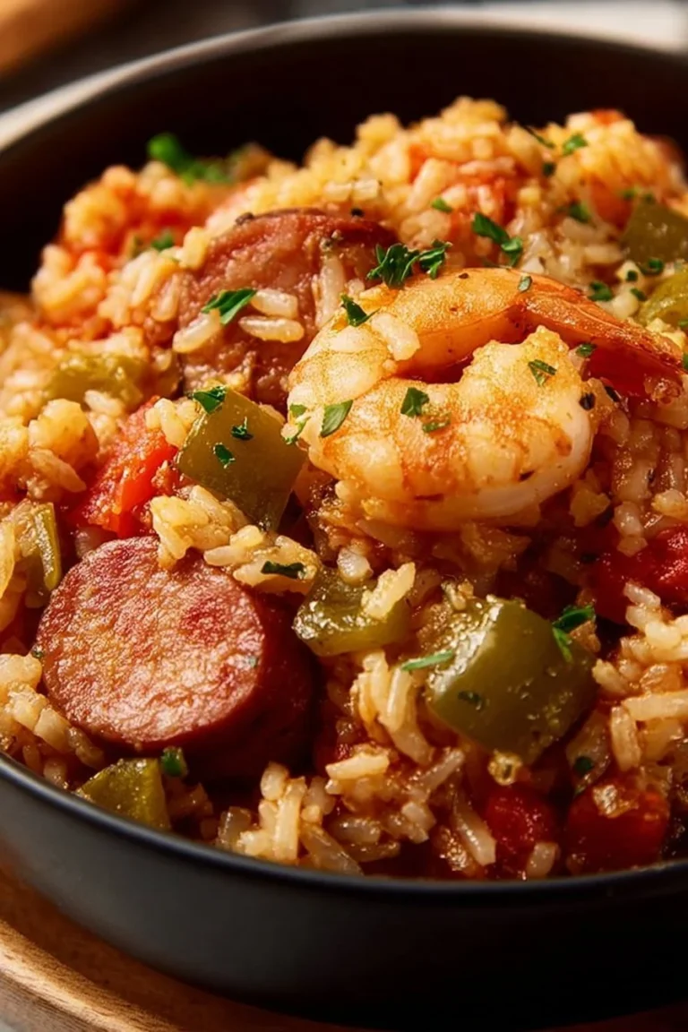Delicious serving of Crockpot Jambalaya with sausage, shrimp, and rice in a bowl.