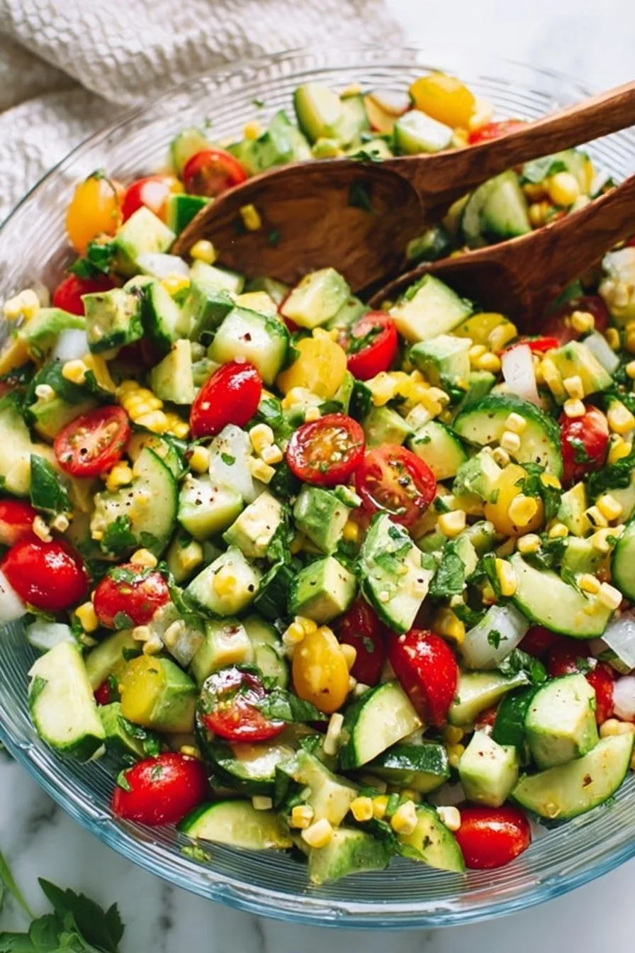 Fresh cucumber avocado salad served in a bowl with colorful vegetables