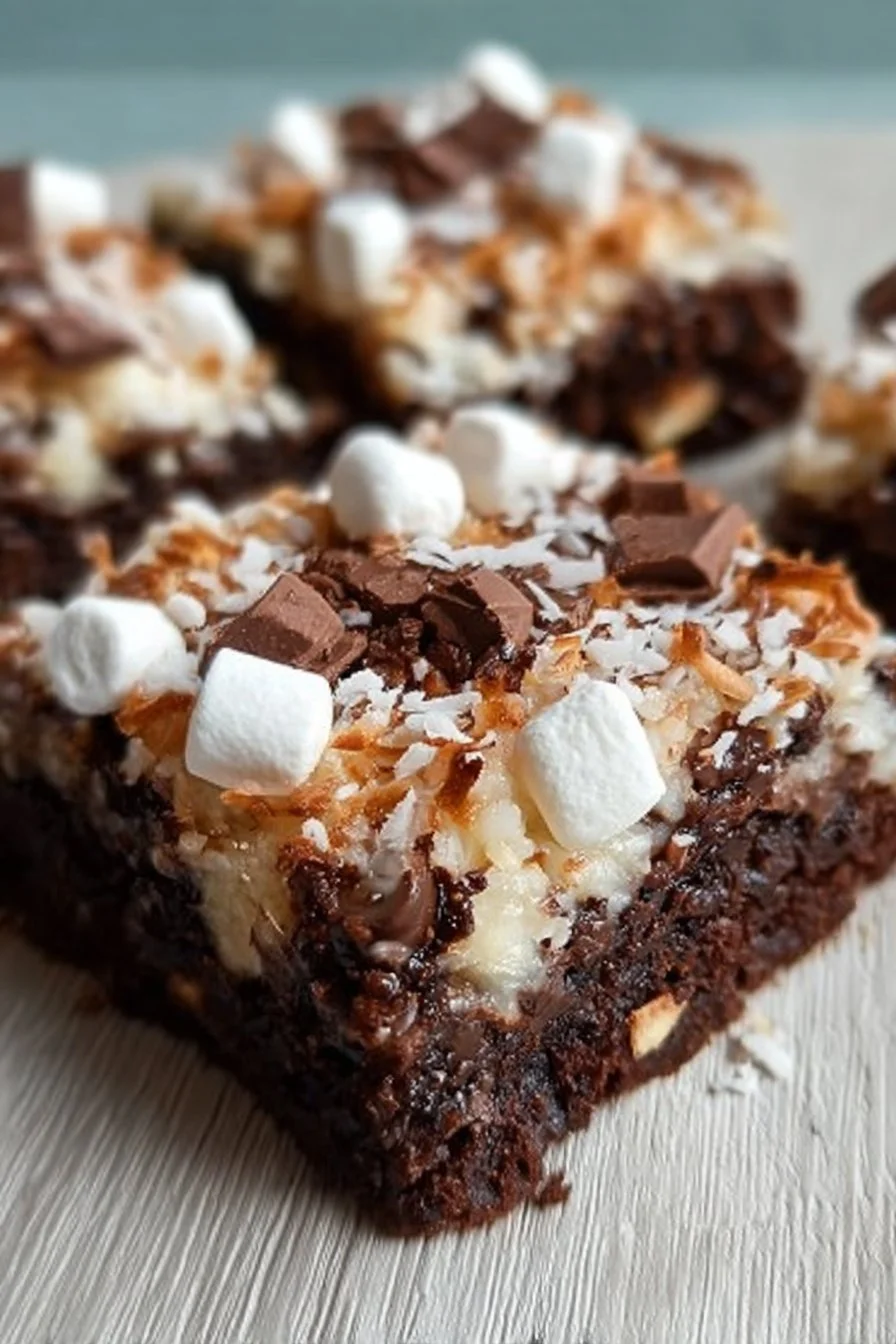Decadent Sno Ball Brownies topped with coconut and drizzled in chocolate.