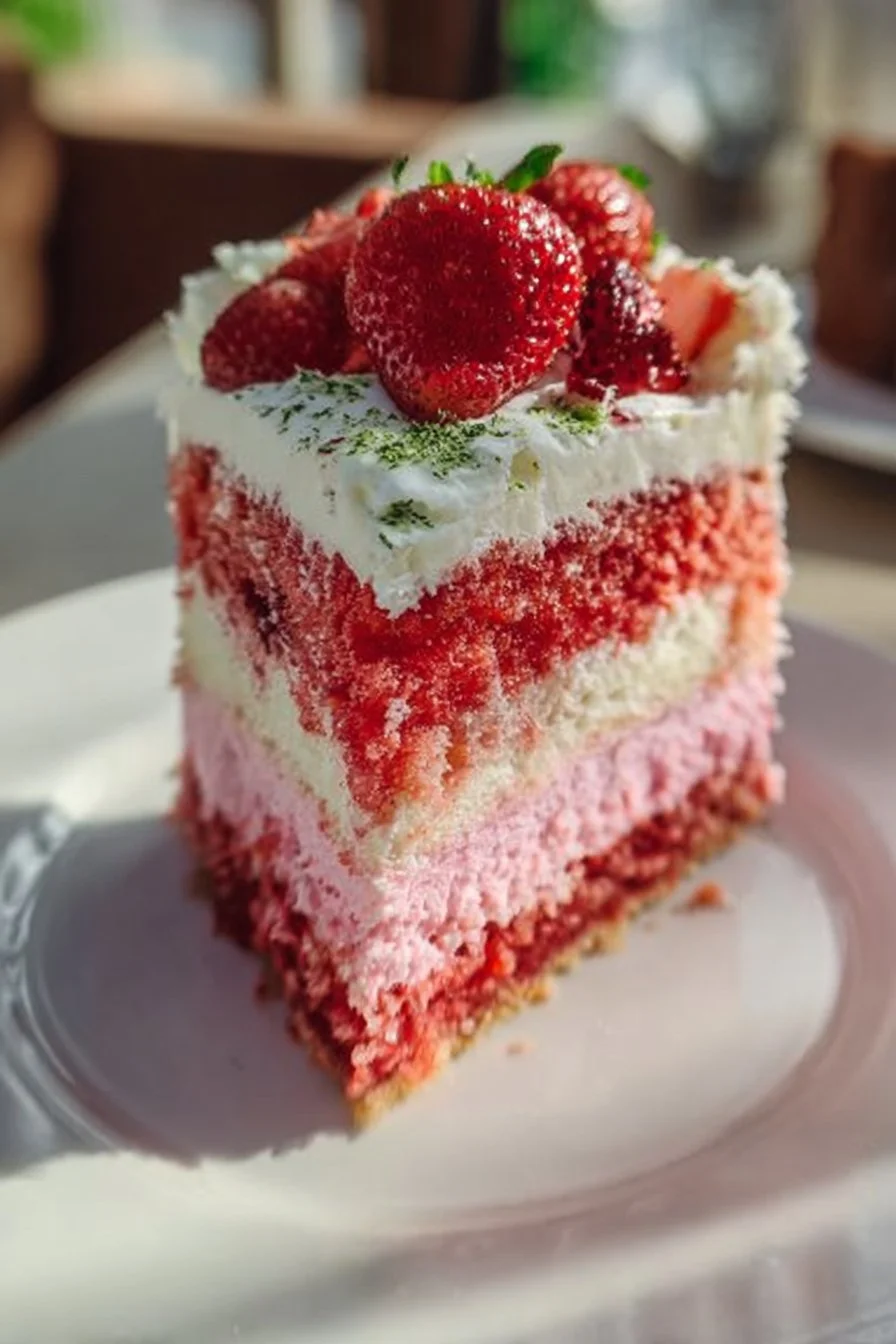 Decadent strawberry earthquake cake topped with fresh strawberries and chocolate drizzle
