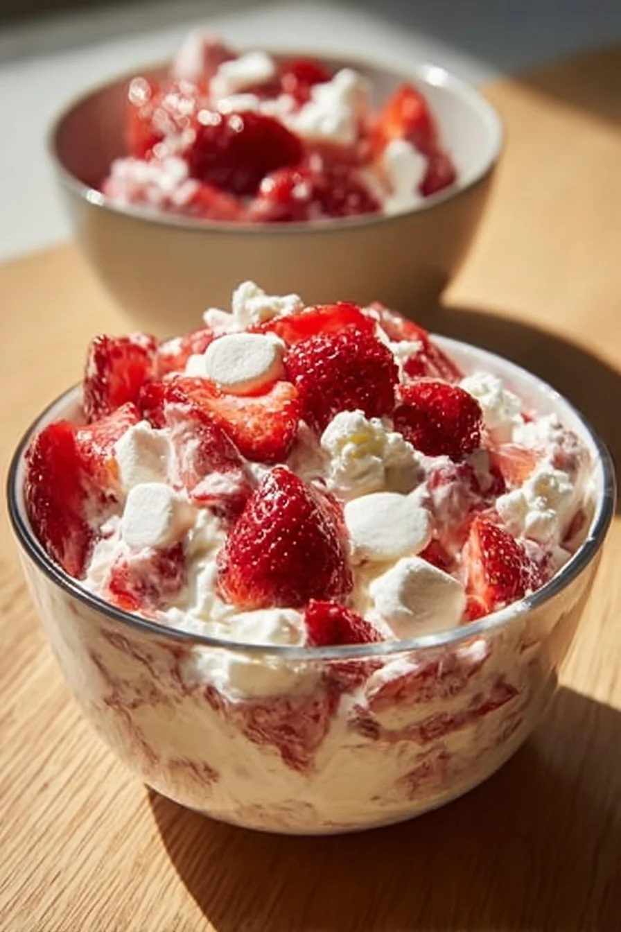 Decadent strawberry fluff salad with fresh strawberries and fluffy cream topping