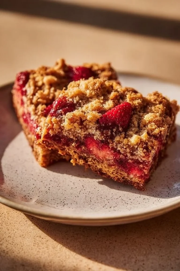 Delicious strawberry breakfast bars topped with fresh strawberries.