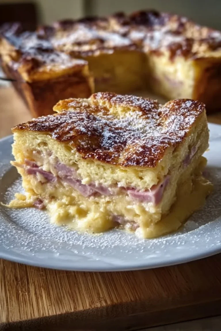 Cheesy Monte Cristo Casserole served on a plate with garnishes