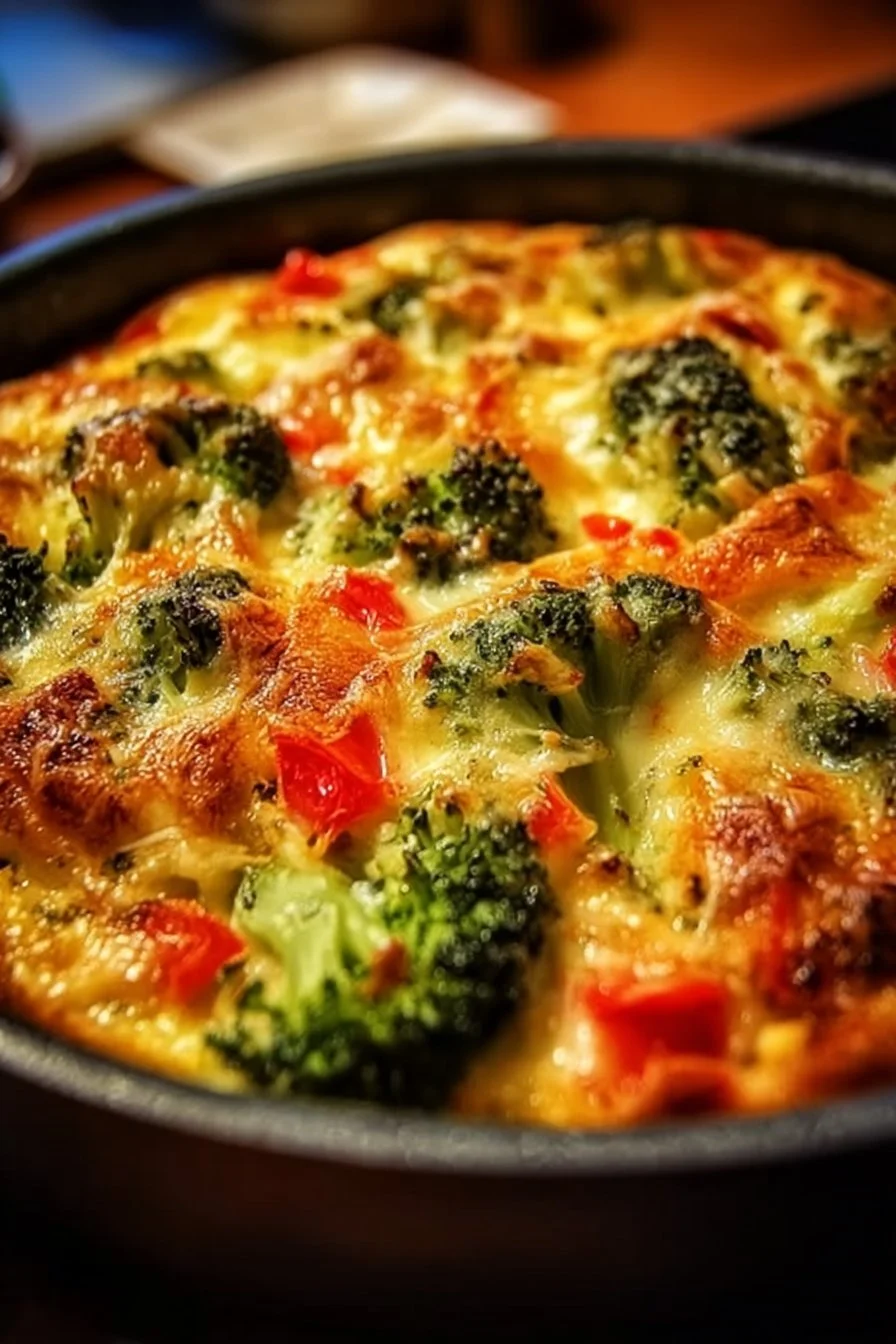 Delicious vegetable casserole dish garnished with herbs and vegetables.