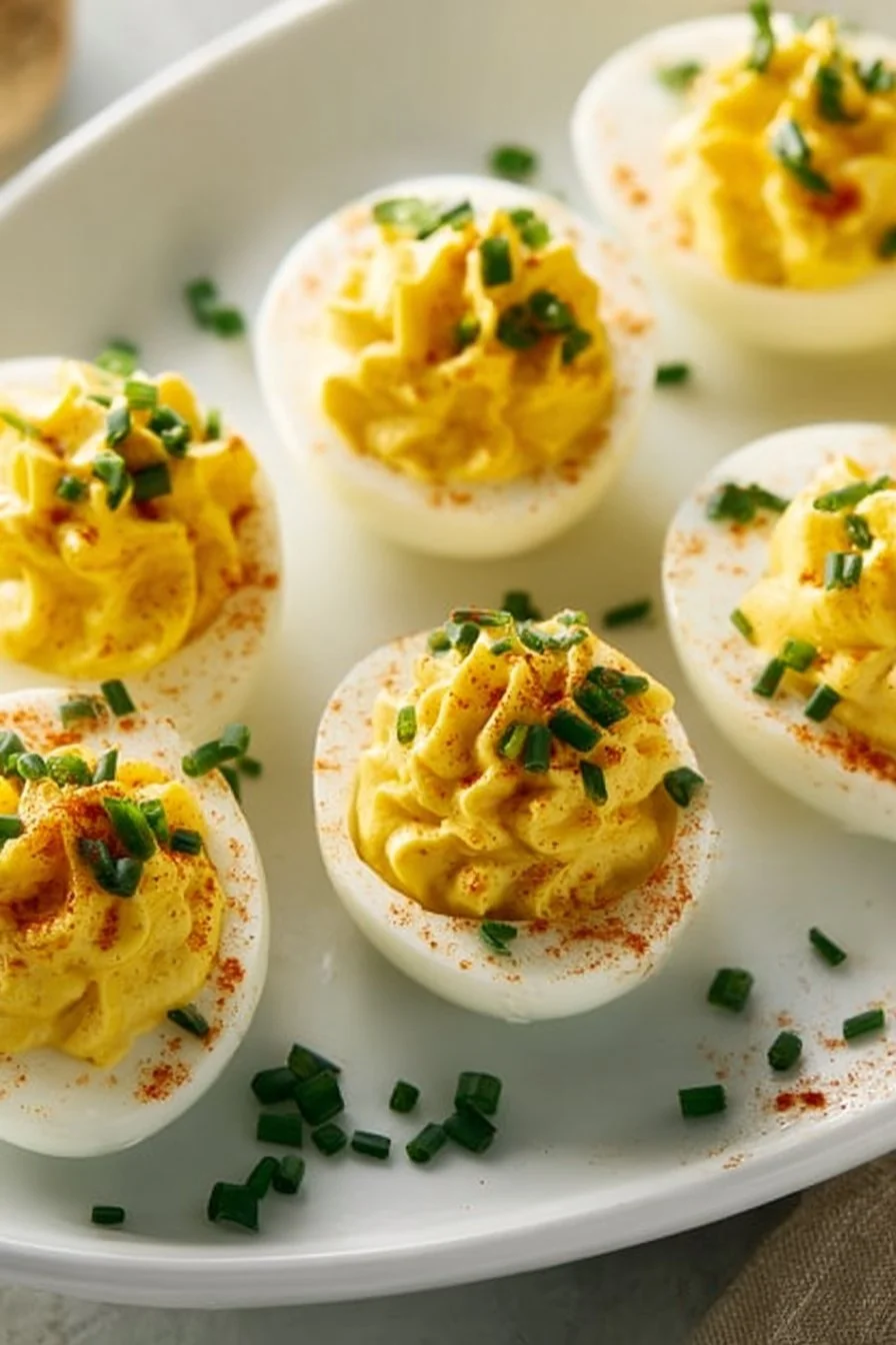 A plate of beautifully garnished deviled eggs, a popular appetizer.