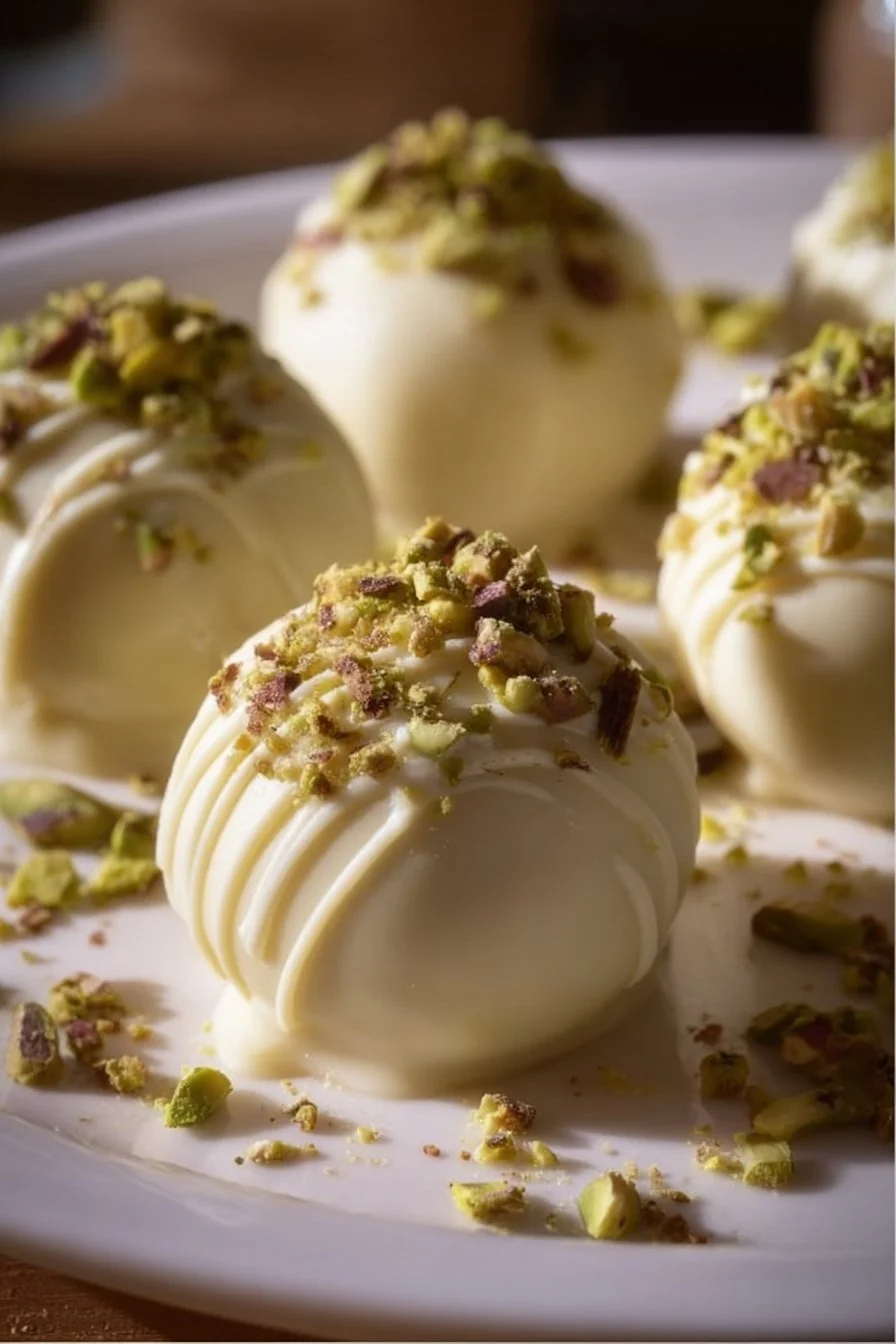 Divine white chocolate and pistachio truffles arranged on a plate.