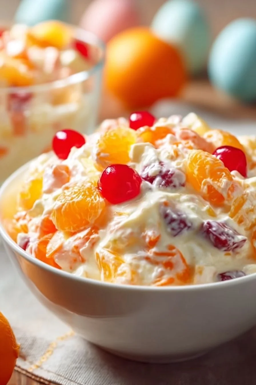 Colorful Easter Ambrosia Salad with fruit and marshmallows in a bowl