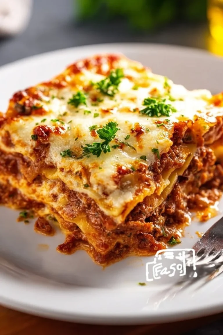 A delicious plate of cheesy lasagna with melted cheese and rich tomato sauce