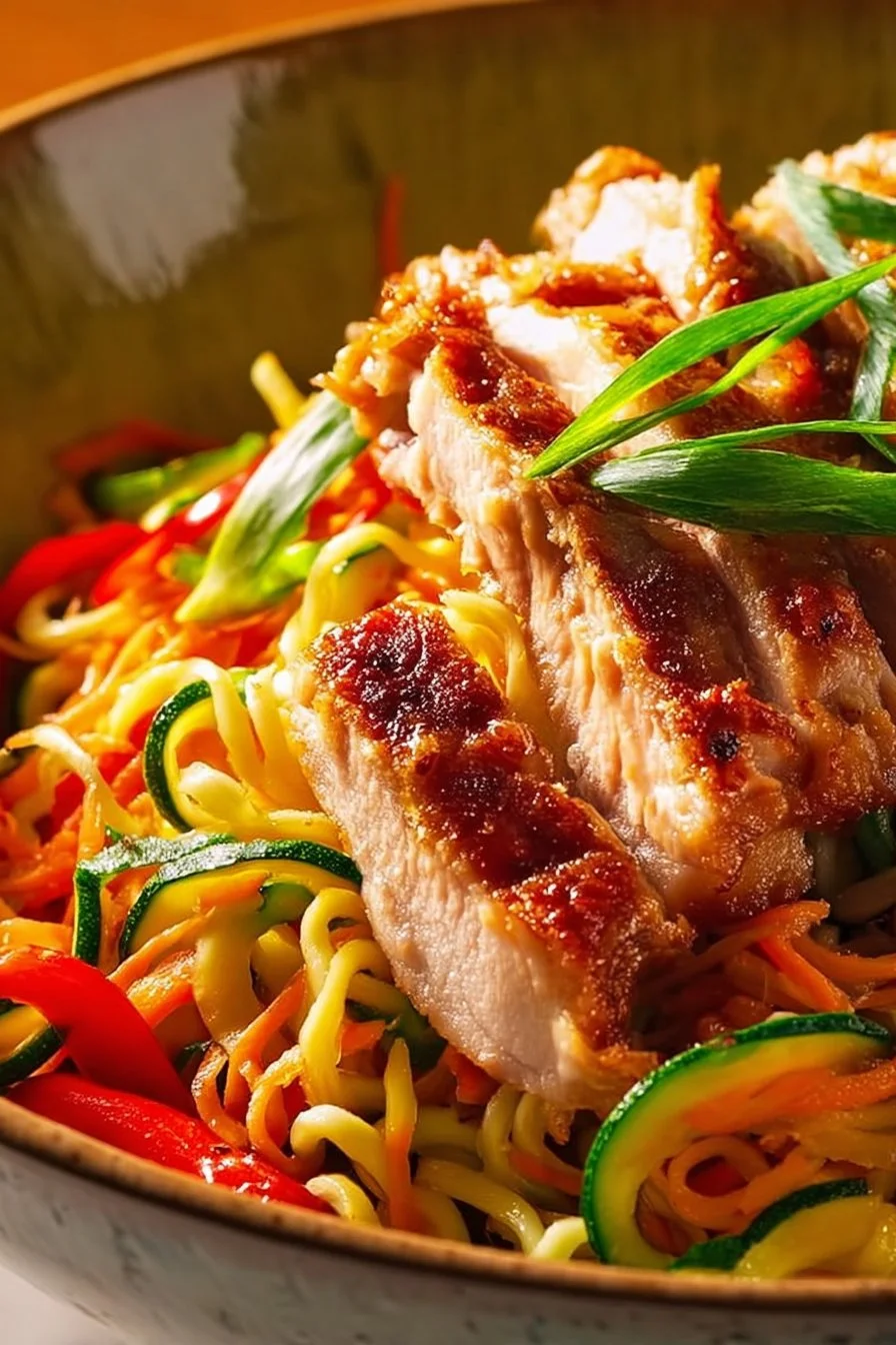 Easy Bang Bang Chicken Noodle Bowl with vibrant veggies and spicy sauce
