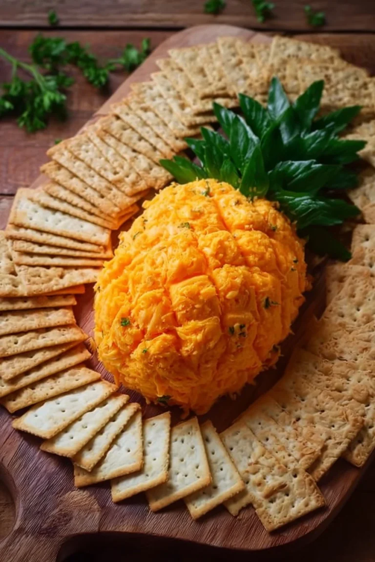 Easy carrot cheese ball served on a platter, garnished with herbs.