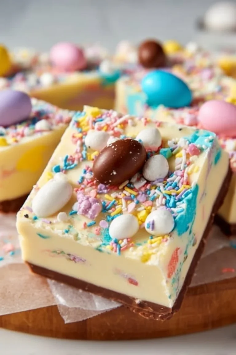 Colorful and festive Easter fudge in a decorative dish.