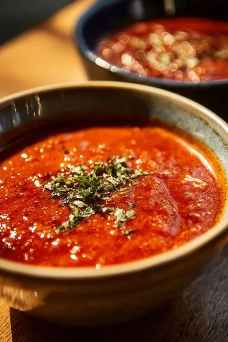 Bowl of easy roasted pepper sauce with fresh herbs and ingredients