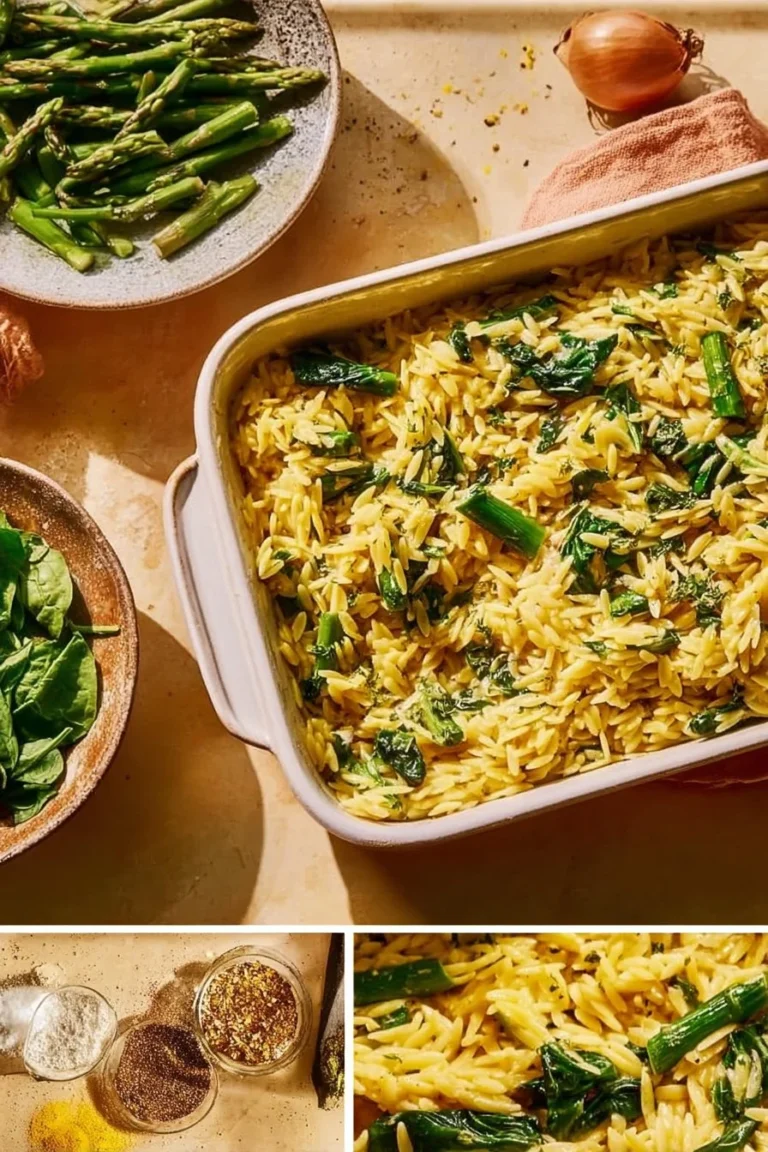 Delicious easy weeknight orzo bake dish served on a plate.