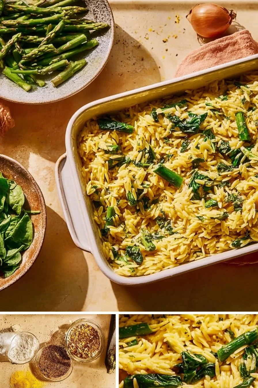 Delicious easy weeknight orzo bake dish served on a plate.
