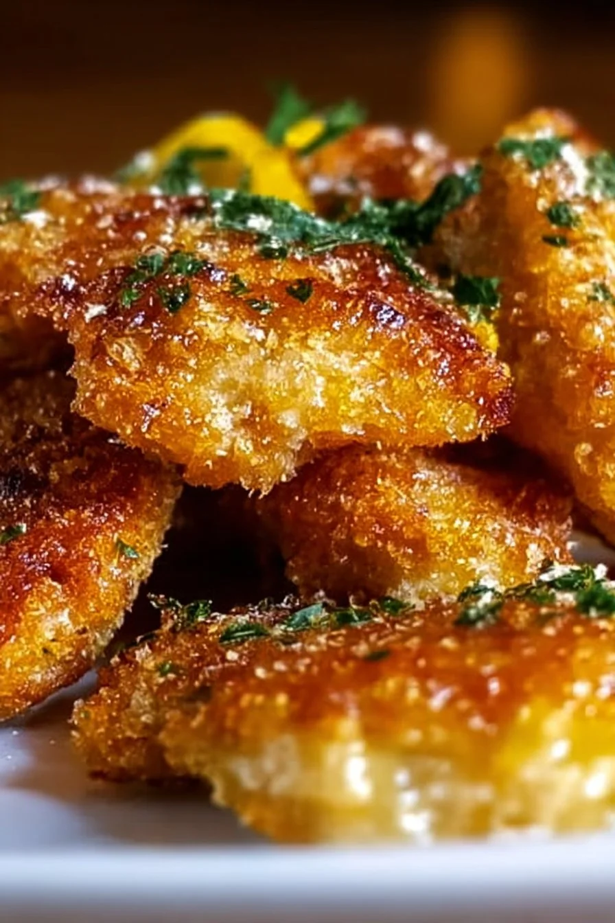 Crispy Lemon Pecorino Chicken on a plate garnished with fresh herbs