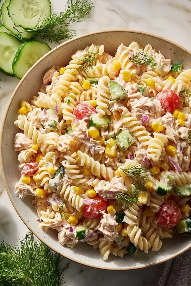 High protein cottage cheese tuna pasta salad ready to serve in a bowl.