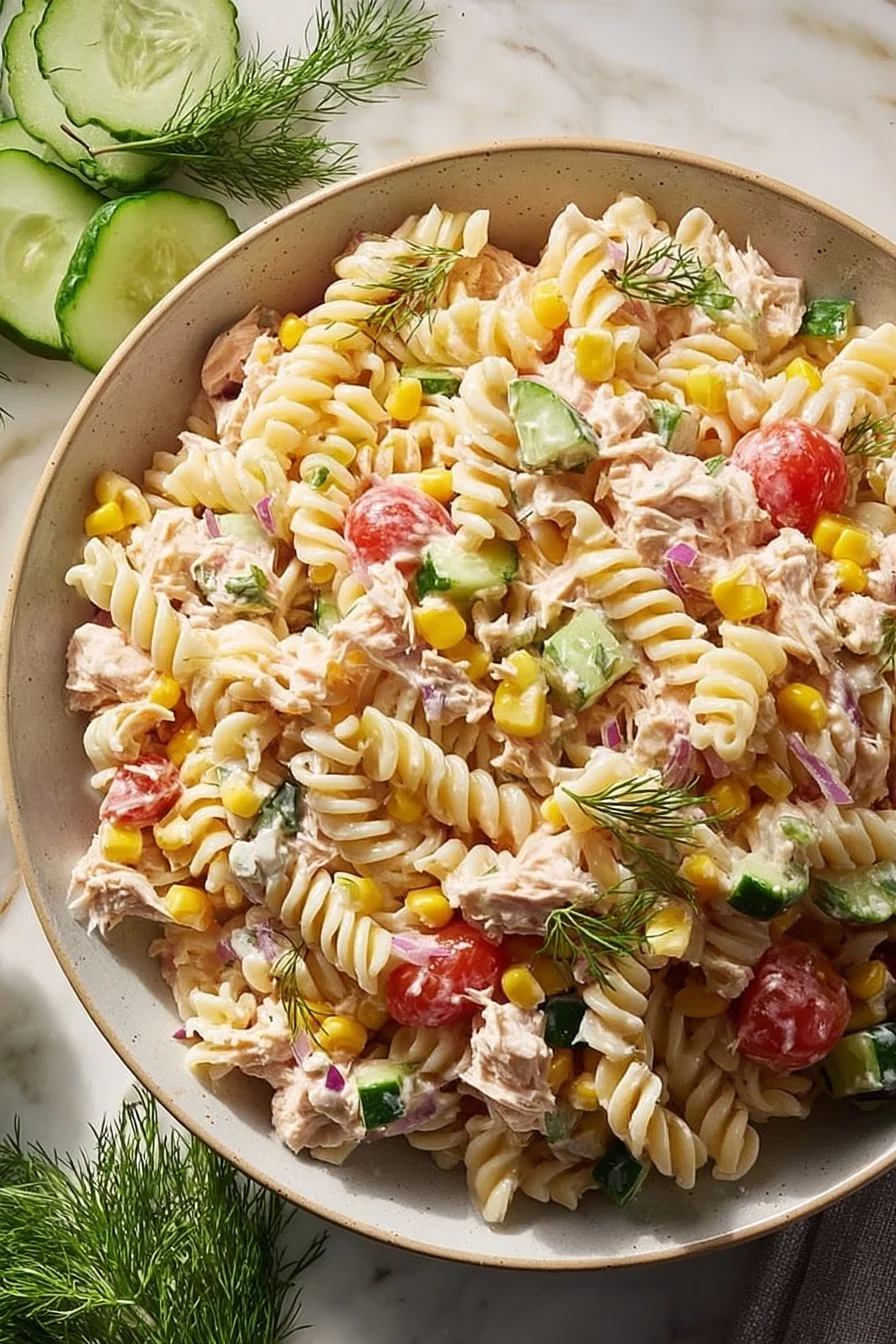 High protein cottage cheese tuna pasta salad ready to serve in a bowl.