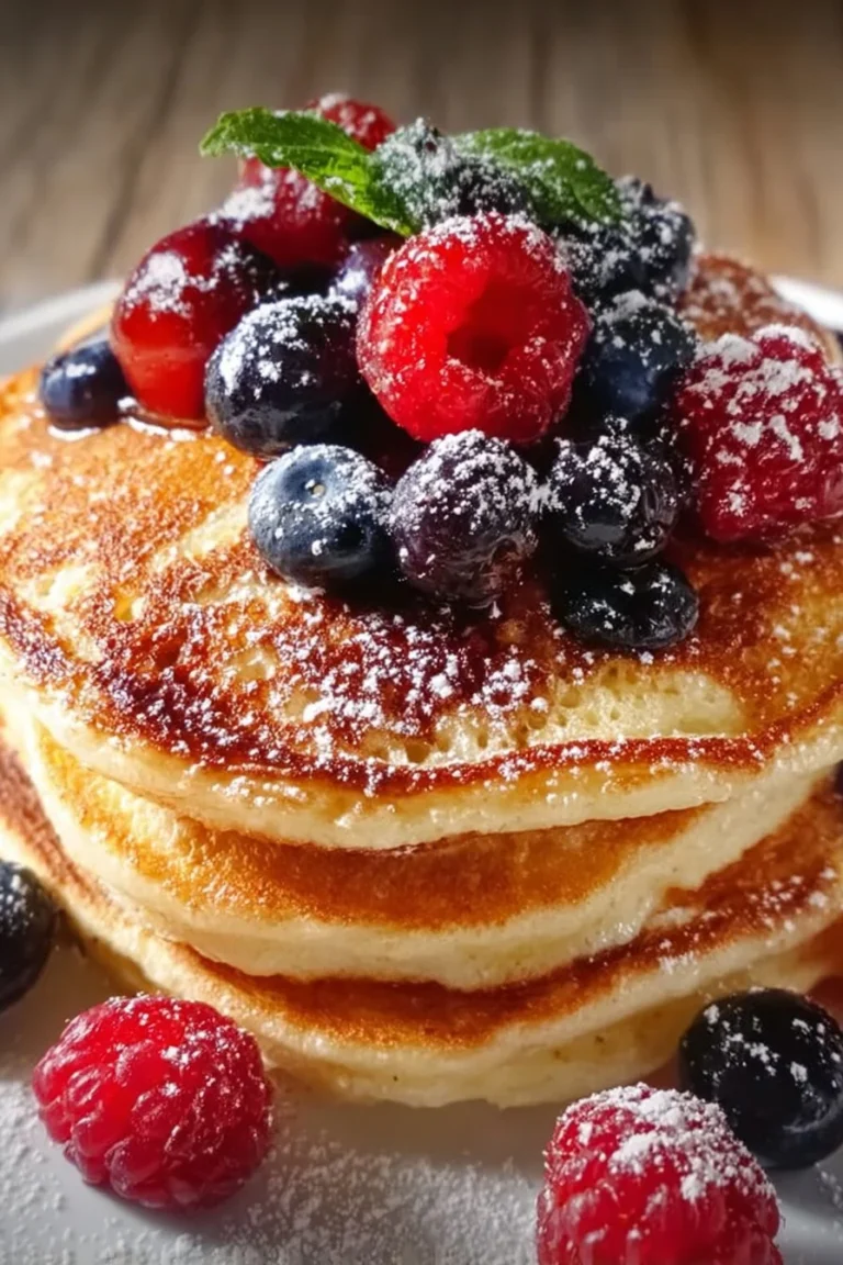 Stack of fluffy pancakes topped with syrup and berries