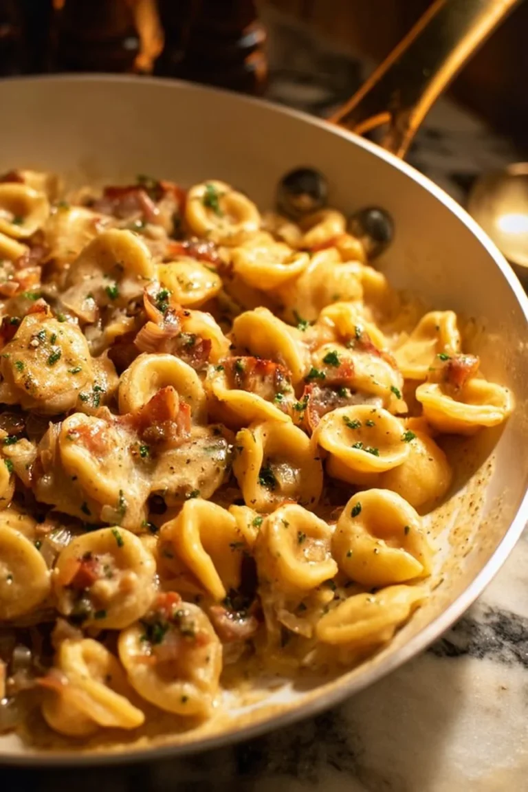 Delicious plate of French onion pasta topped with melted cheese and caramelized onions