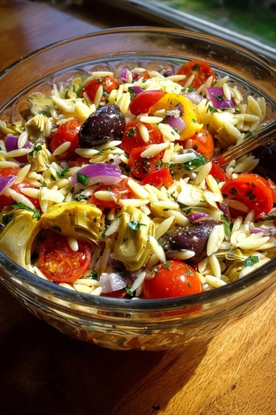 Colorful artichoke olive orzo salad with fresh vegetables and herbs