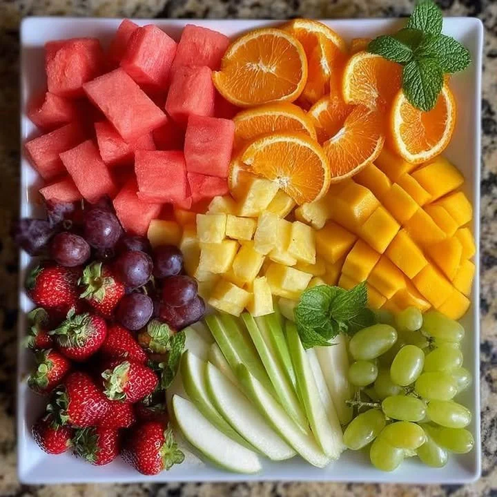 Vibrant fresh rainbow fruit platter with assorted colorful fruits