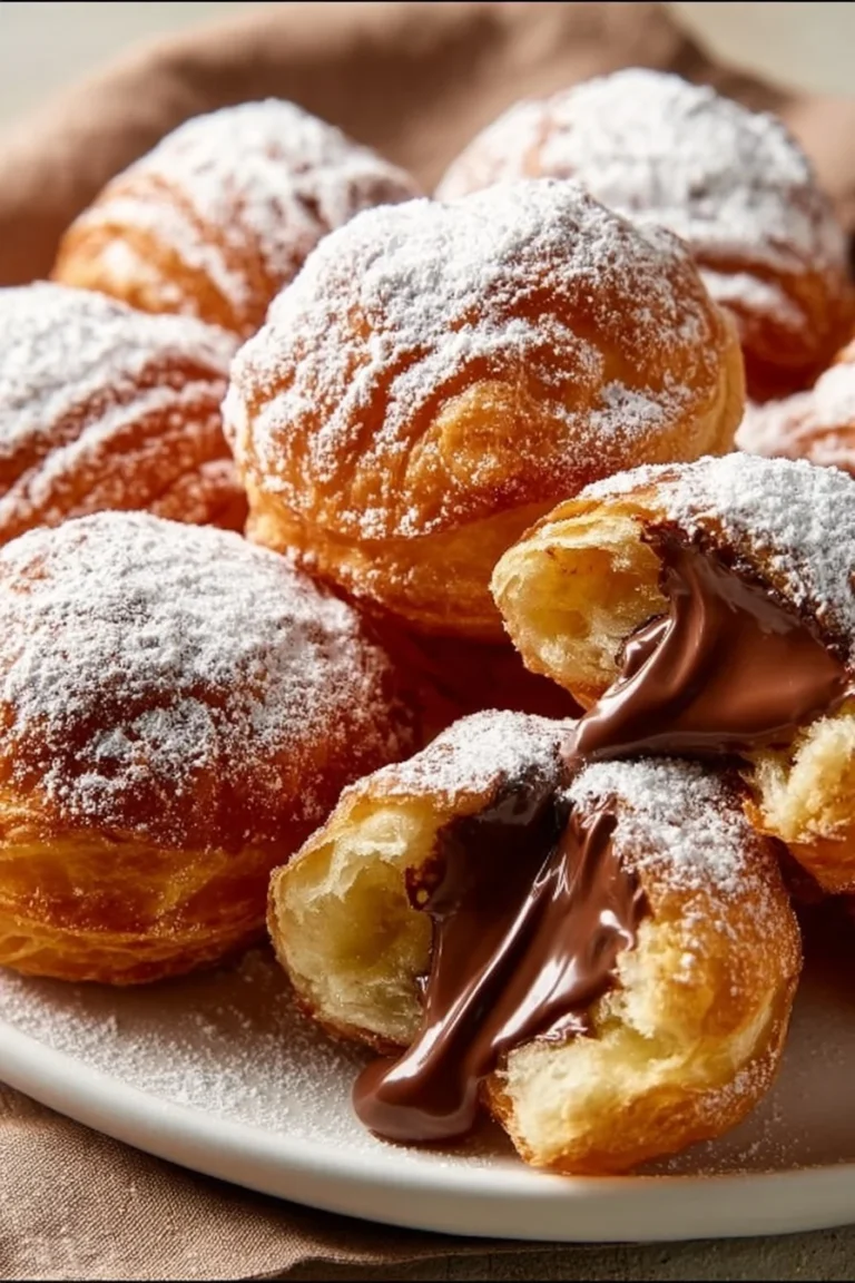 Golden brown fried croissant beignets dusted with powder sugar