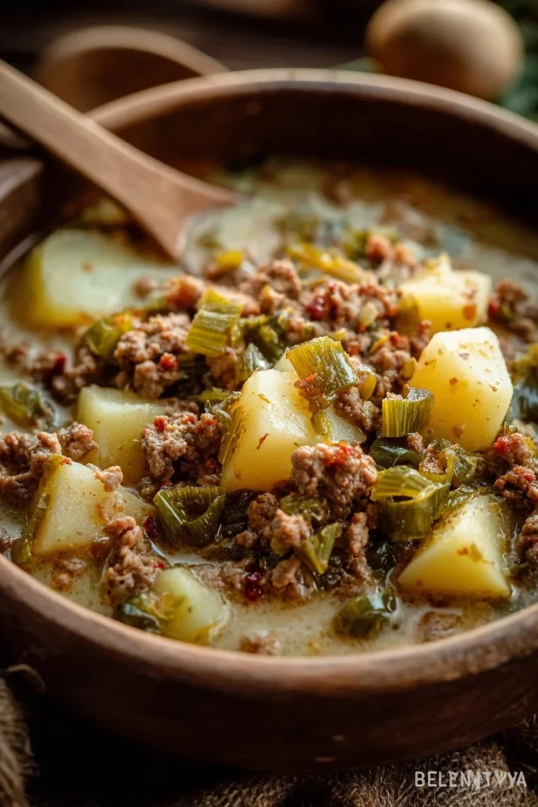 Fried potatoes topped with green chile in a serving dish