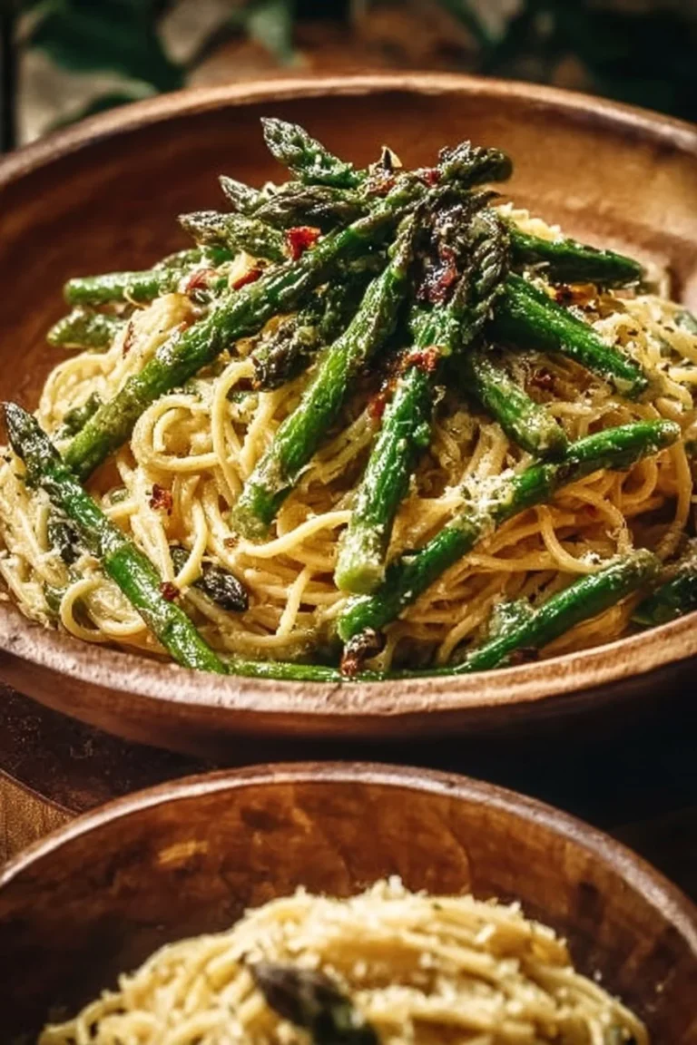Plate of Garlic Butter Asparagus Pasta with fresh ingredients and a flavorful sauce.