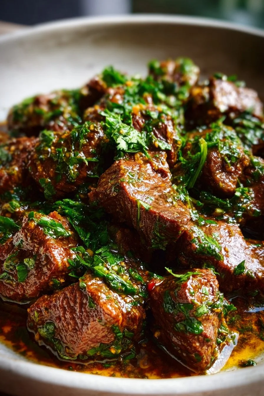 Plate of garlic butter beef bites garnished with herbs and spices