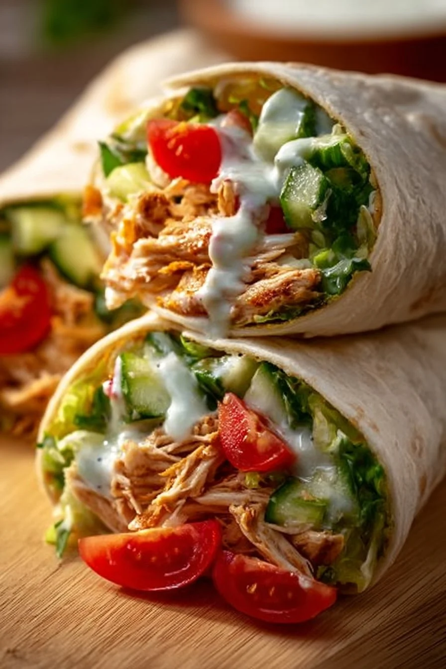 Garlic chicken wraps with fresh vegetables and herbs