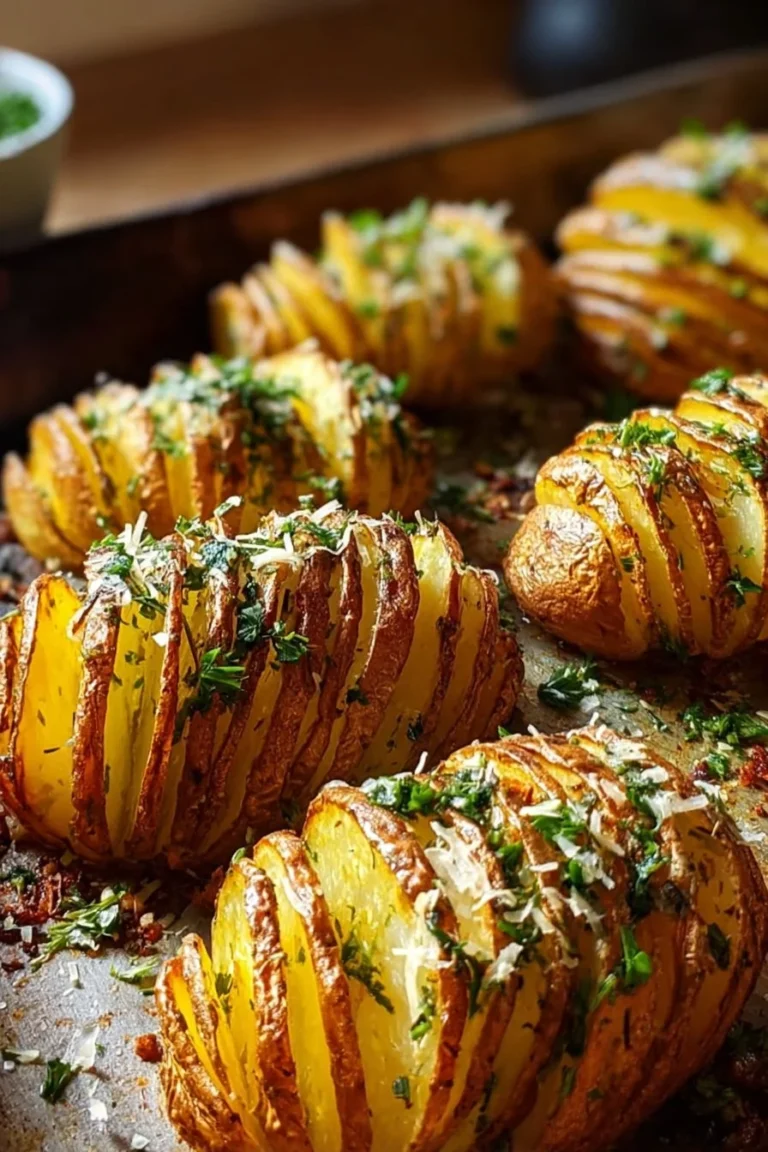 Garlic Herb Hasselback Potatoes garnished with fresh herbs and garlic.