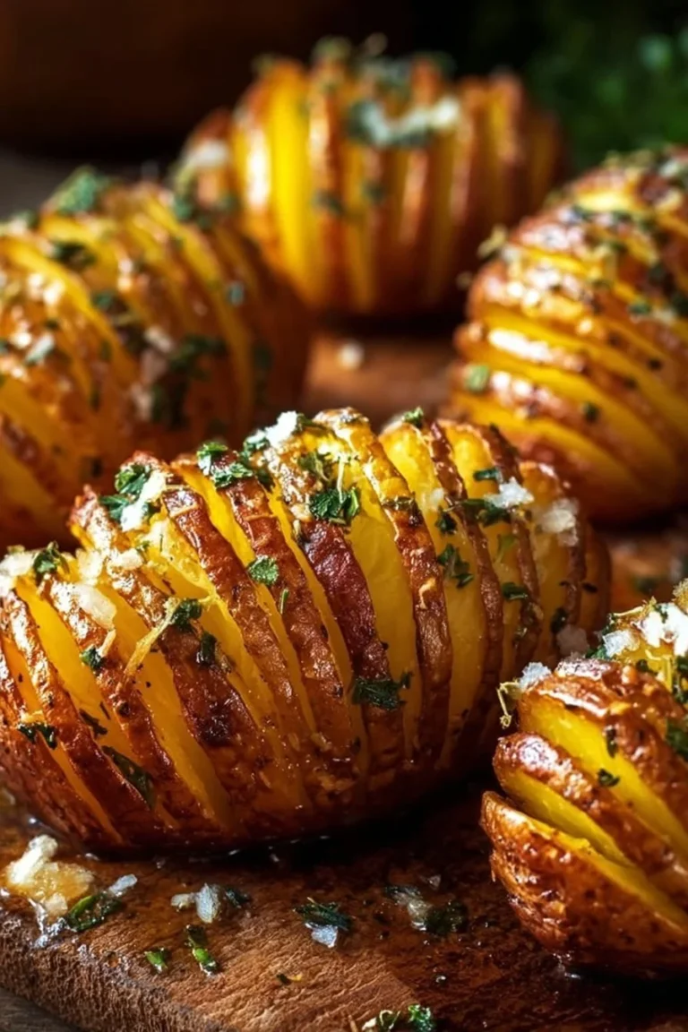 Garlic Herb Hasselback Potatoes garnished with fresh herbs