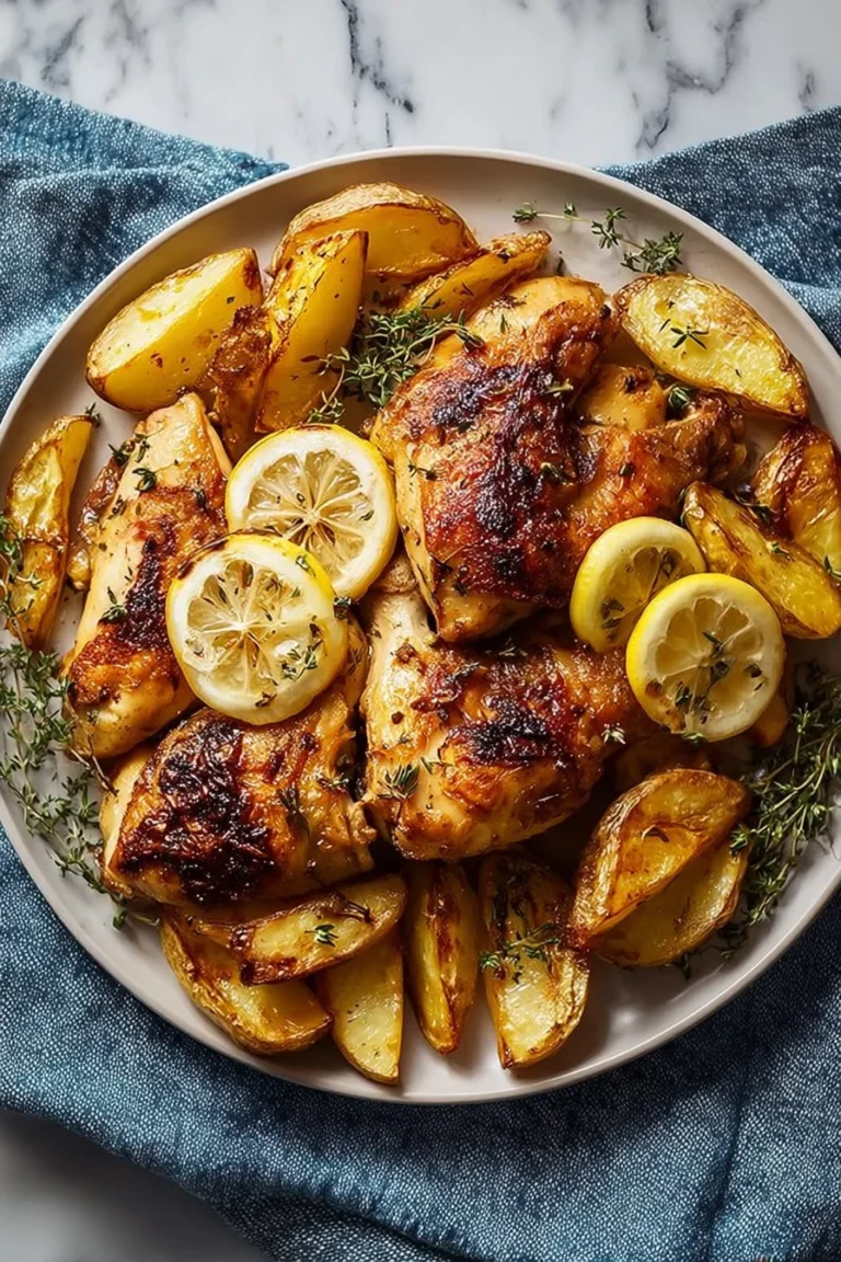 Delicious Garlic Lemon Chicken served with roasted potatoes for a flavorful meal.