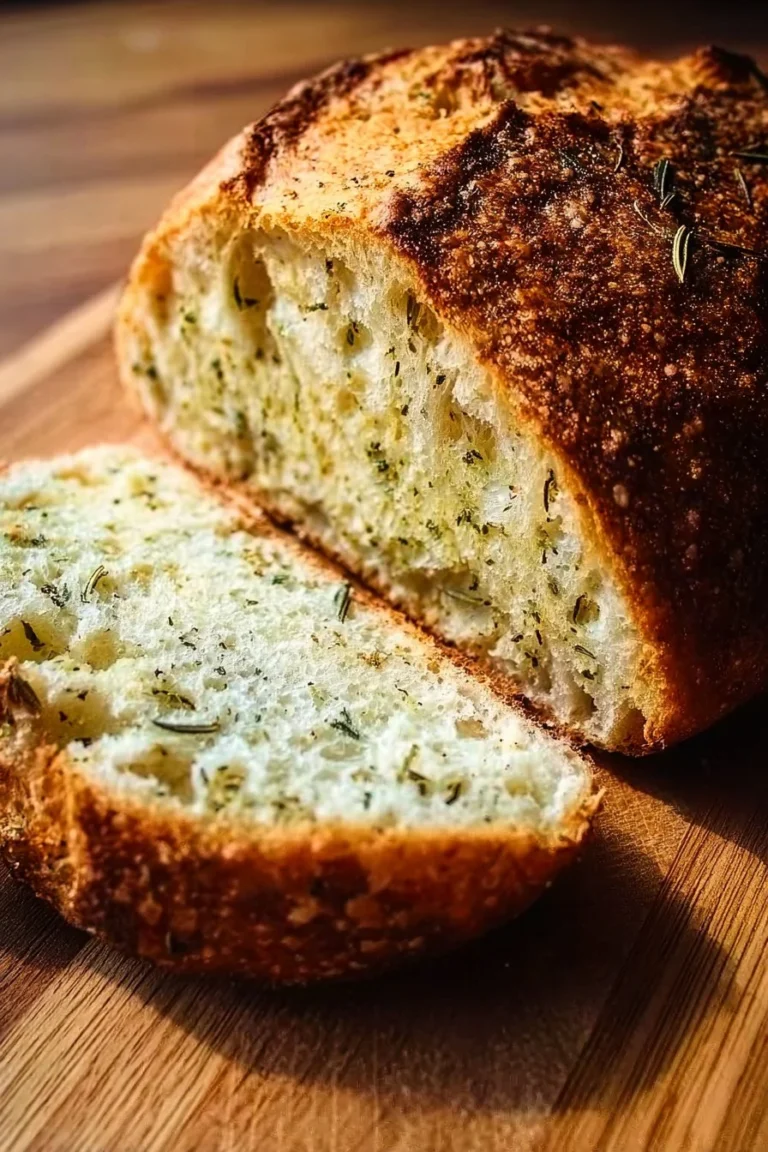 Freshly baked Garlic Rosemary Bread with herbs and garlic on a wooden cutting board.