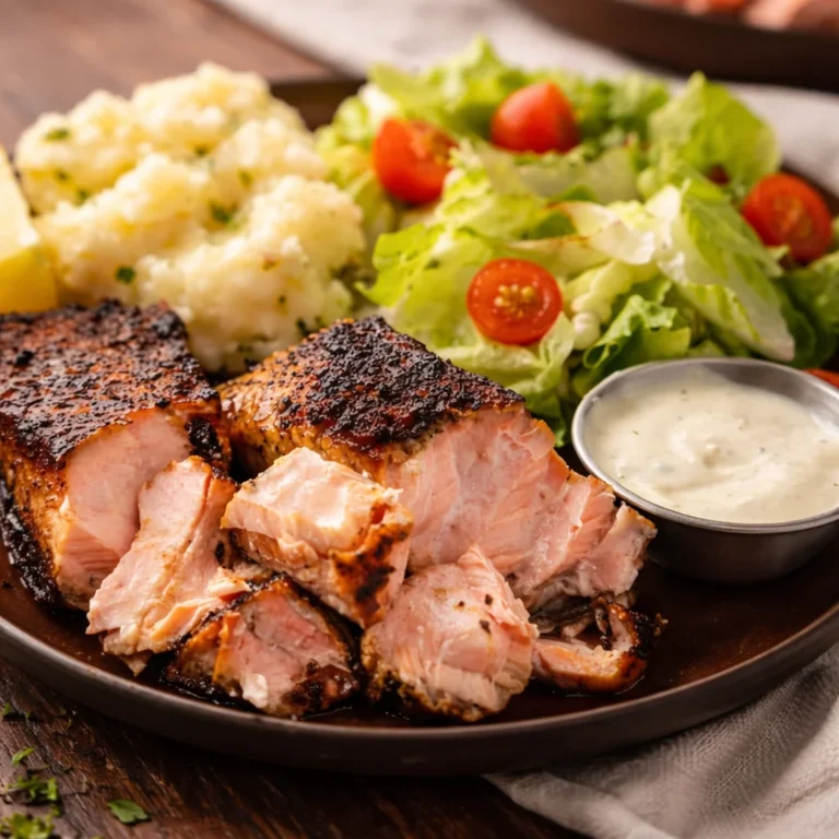 Delicious Texas Roadhouse salmon with lemon garlic butter served with sides