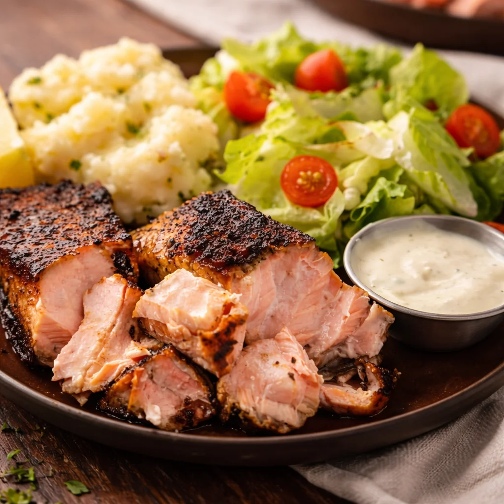 Delicious Texas Roadhouse salmon with lemon garlic butter served with sides