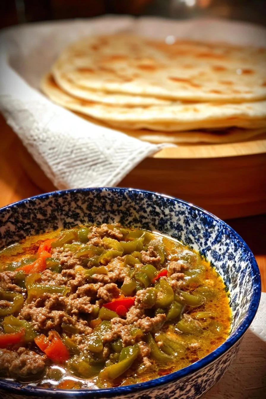Grandma's flavorful green chile broth served with warm tortillas
